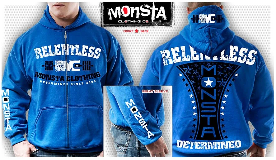 Monsta Clothing 1 Sininen huppari, voimakkaat sanat.